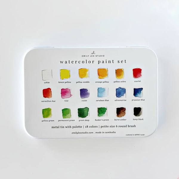 Watercolor Paint Set with 18 Labeled Colors and Petite Size 6 Round Brush, Compact Watercolor Set