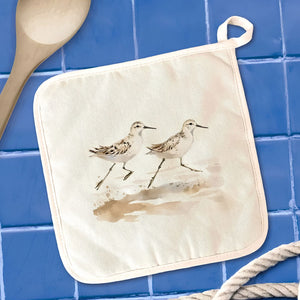Watercolor Sandpipers Pot Holder On Blue Kitchen Tile, Coastal Kitchen Decor, Nautical Hot Pad For Pots And Pans, Beach House Gift Ideas