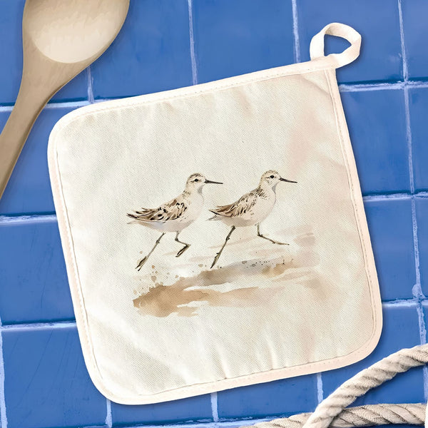 Watercolor Sandpipers Pot Holder On Blue Kitchen Tile, Coastal Kitchen Decor, Nautical Hot Pad For Pots And Pans, Beach House Gift Ideas
