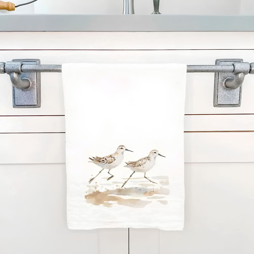 Watercolor Sandpipers Cotton Tea Towel On White Background, Coastal Kitchen Decor, Beach House Dish Towel