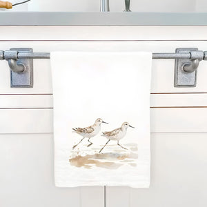 Watercolor Sandpipers Cotton Tea Towel With Coastal Shorebird Design, Beach House Kitchen Decor, Nautical Dish Towel
