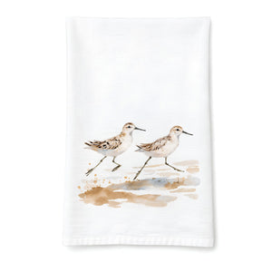 Watercolor Sandpipers Cotton Tea Towel On White Background, Coastal Kitchen Decor, Beach House Dish Towel