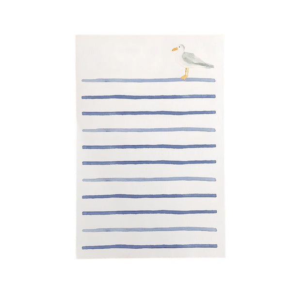 Watercolor Seagull Notepad With Blue Stripes, 4x6 Inch Coastal Stationery, Nautical Desk Pad, Grocery List And Note Pad