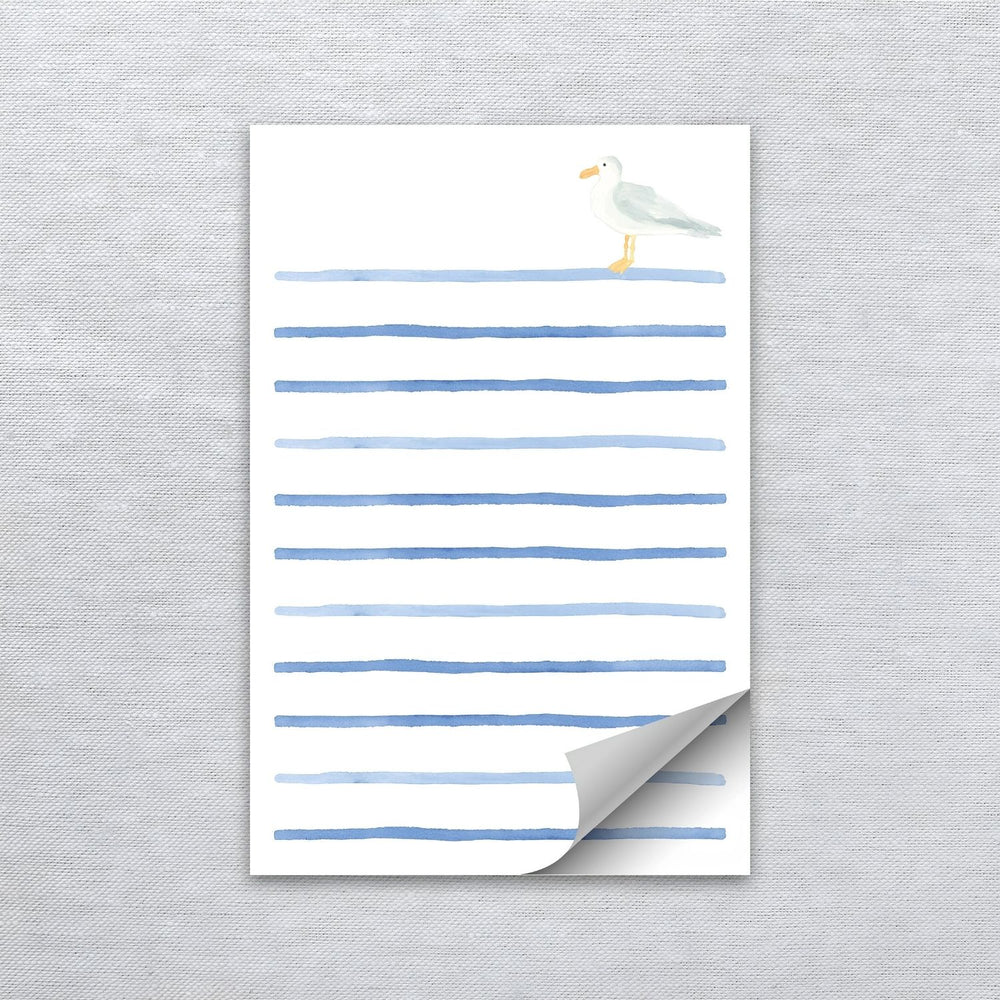 Watercolor Seagull Notepad With Blue Stripes, 4x6 Inch Coastal Stationery, Nautical Desk Pad, Grocery List And Note Pad
