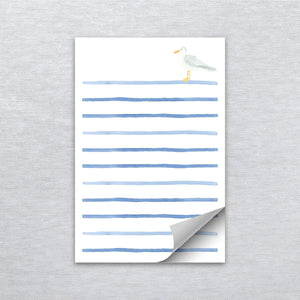 Watercolor Seagull Notepad With Blue Stripes, 4x6 Inch Coastal Stationery, Nautical Desk Pad, Grocery List And Note Pad