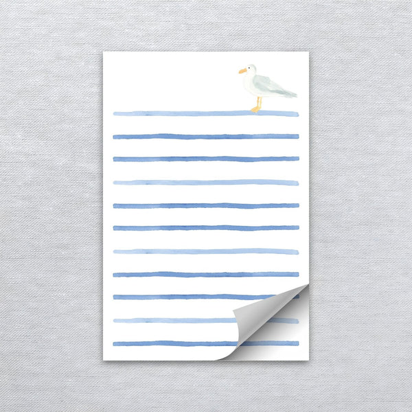 Watercolor Seagull Notepad With Blue Stripes, 4x6 Inch Coastal Stationery, Nautical Desk Pad, Grocery List And Note Pad
