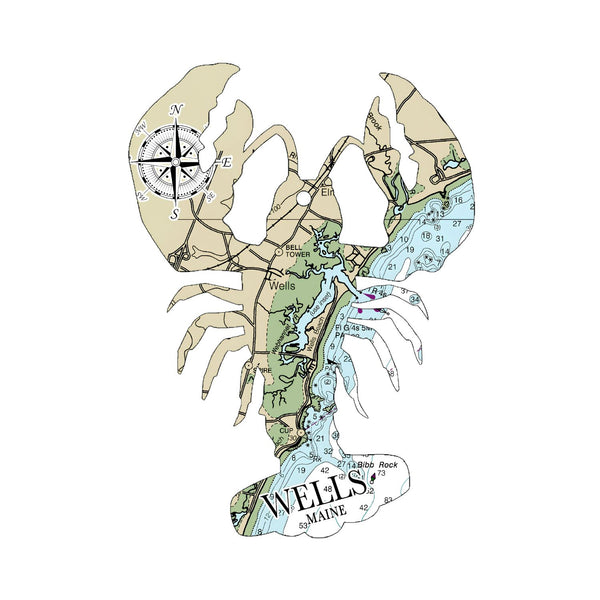 Wells Maine Nautical Chart Lobster Ornament With Coastal Map Design, Jute Rope, And Metal Compass Charm