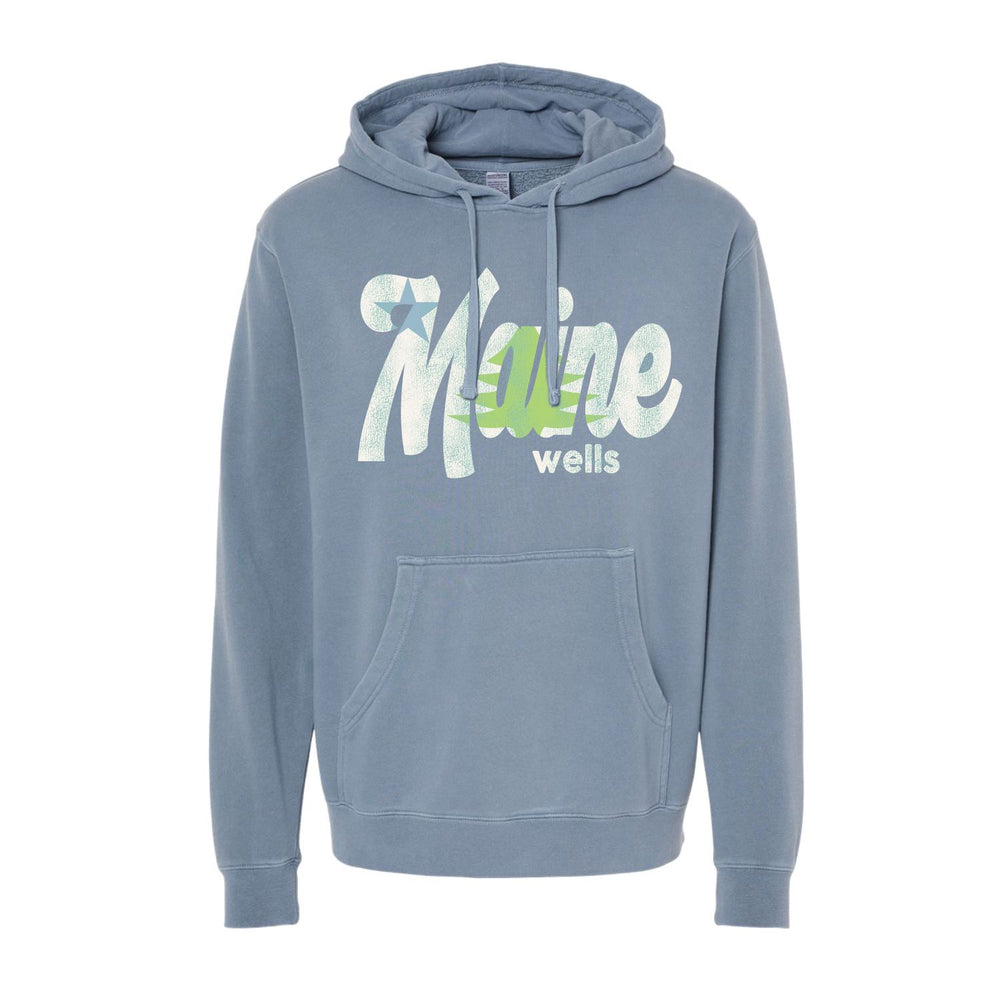Wells, Maine Pine and Star Slate Blue Hoodie With Distressed Maine Graphic, Maine Souvenir Apparel, Coastal Clothing, Pigment-Dyed Hooded Sweatshirt, New England Gift