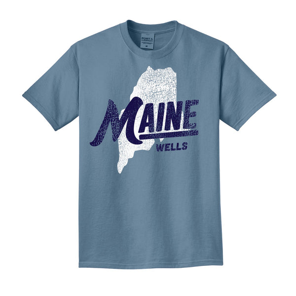 Wells Maine State Map Vintage Tee in Faded Denim, Maine T-Shirt, Wells Maine Shirt, Coastal Apparel, New England Souvenir Clothing