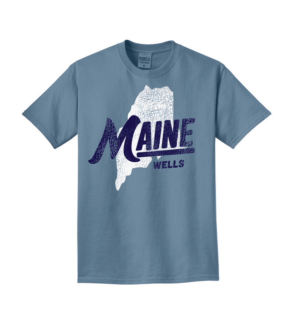 Wells, Maine State Map Faded Denim Tee