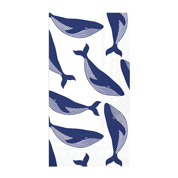 Whales Paper Guest Towels Pack of 16 with Navy Whale Pattern, Soft Printed 3 Ply Guest Napkins for Coastal Bathroom and Nautical Home Decor