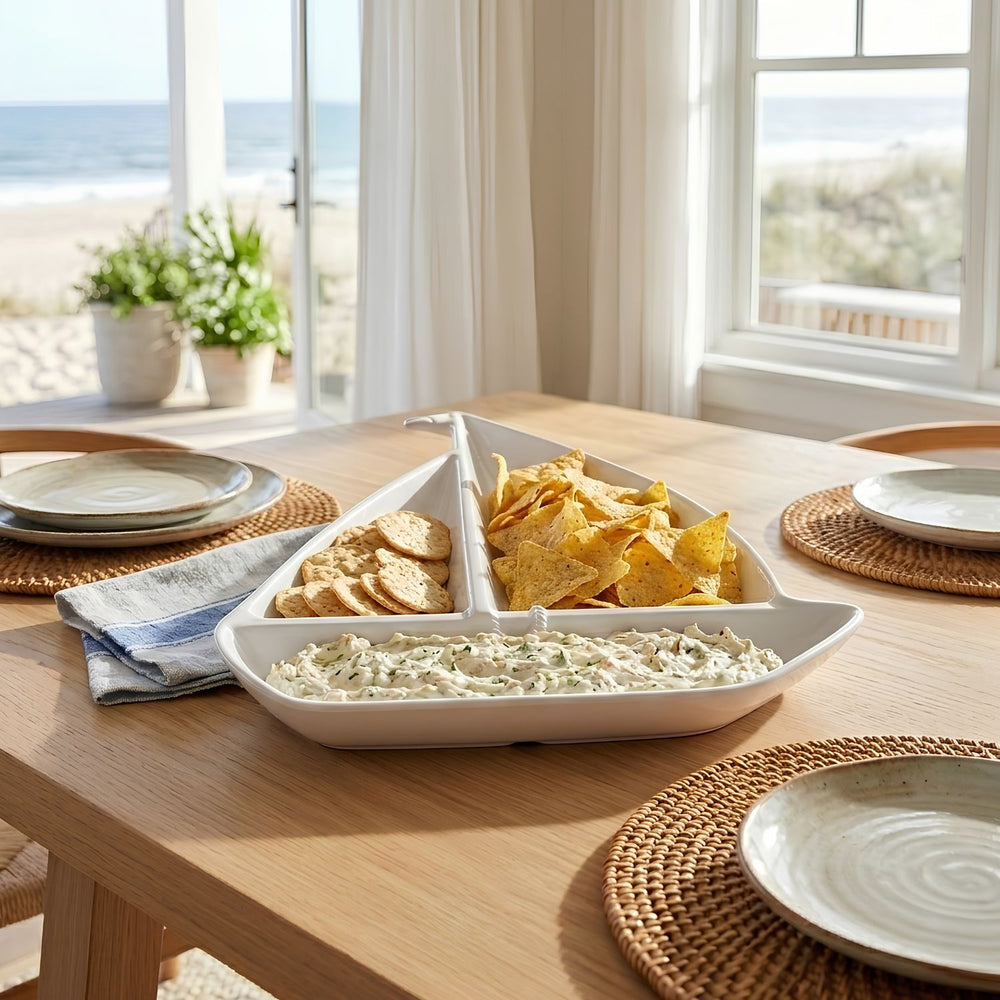 White Sailboat Chip and Dip Platter With Three Compartments, Melamine Nautical Serving Dish for Coastal Entertaining and Beach House Dining