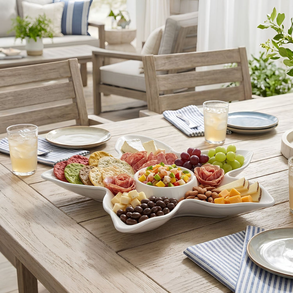 White Starfish Chip and Dip Platter With Center Dip Bowl, 16-Inch Coastal Melamine Serving Dish for Beach House Entertaining