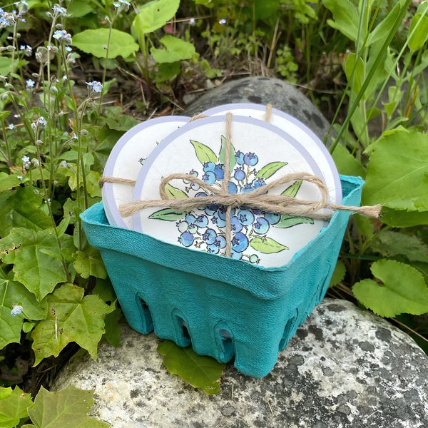 Wild Blueberry Coaster Set Bundled with Twine in Berry Basket, Coastal Gift Set   