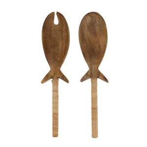 Wooden Fish Servers Set of 2, Fish Shaped Natural Wood Salad Serving Utensils for Coastal Kitchen and Beach House Dining