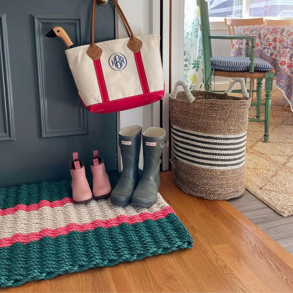 Lobster Rope Doormats, Outdoor Door Mats, Wicked Good Door Mats Made in Maine, Christmas Green & Red, Entrance View, With Big Basket, Bag, Boots, Chairs 