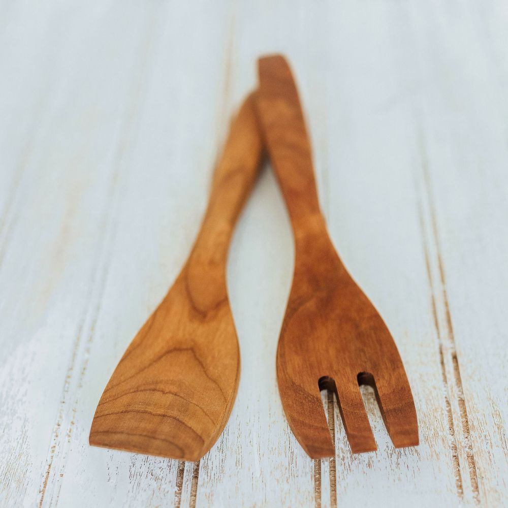 Classic Wooden Salad Servers 9.5 Inch Fork and Paddle Forks New England Trading Co   