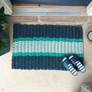 Lobster Rope Doormats, Outdoor Door Mats, Wicked Good Door Mats Made in Maine, Navy, Teal, Seafoam, Full View, With Slippers, Plants