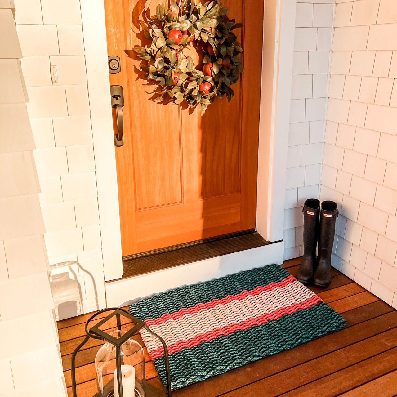 Lobster Rope Doormats, Outdoor Door Mats, Wicked Good Door Mats Made in Maine, Christmas Green & Red, With Wreath Door Design