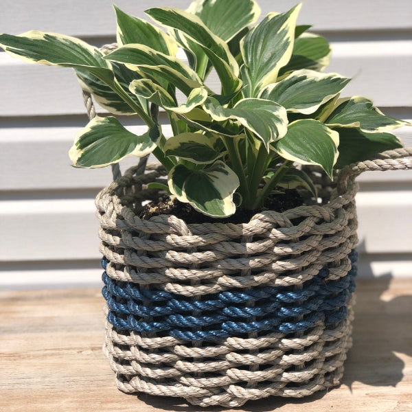 Wicked Good Lobster Rope Baskets, 12" x 8" Baskets Wicked Good Baskets Dark Tan with Navy Stripe  