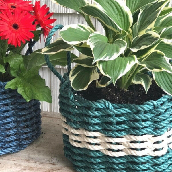 Wicked Good Lobster Rope Basket Baskets Wicked Good Baskets Dark Green with Light Tan Stripe  