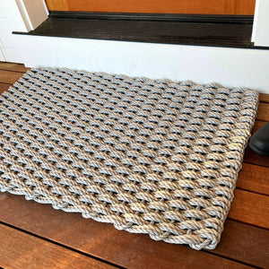 Lobster Rope Doormats, Outdoor Door Mats, Wicked Good Door Mats Made in Maine, Solid Dark Tan, Angled View in Front Door