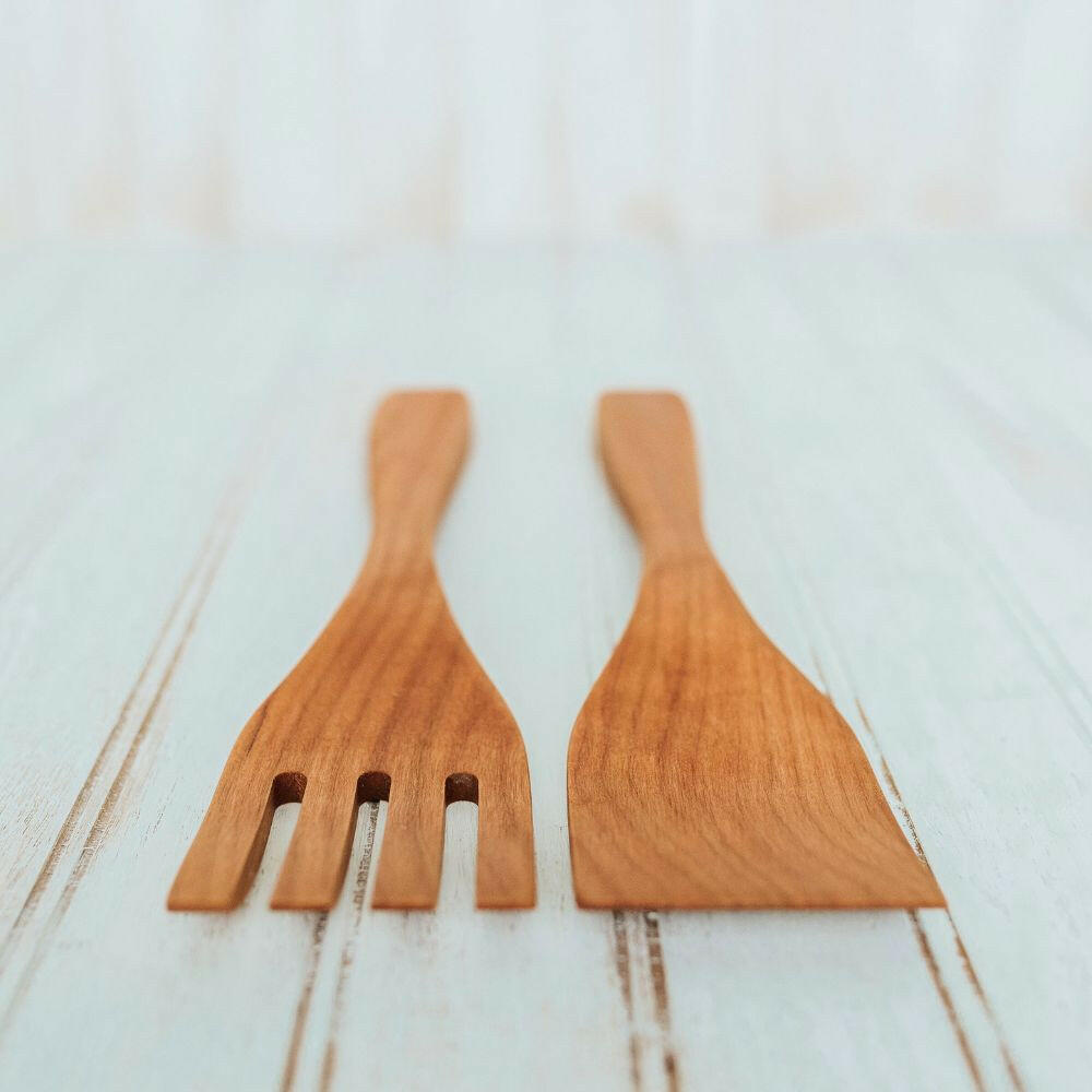 Wooden Salad Servers, 12", Fork and Paddle Utensils Forks American Farmhouse Bowls   