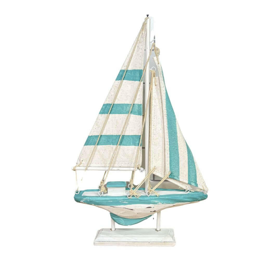 12" Wooden Sailboat Schooner, 3 Colors Decor New England Trading Co Turquoise & White Striped Sail  