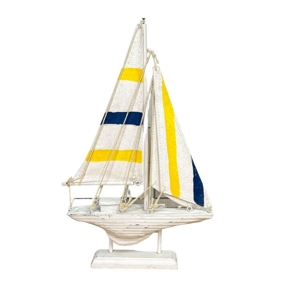 12" Wooden Sailboat Schooner, 3 Colors Decor New England Trading Co Navy Blue & Yellow Striped Sail  