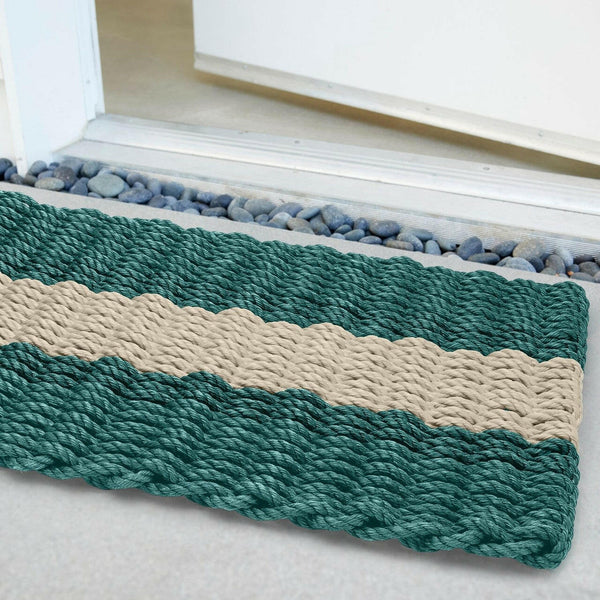 Lobster Rope Doormats, Outdoor Door Mats, Wicked Good Door Mats Made in Maine, Dark Green with Light Tan Stripe, Angled View in Front Door