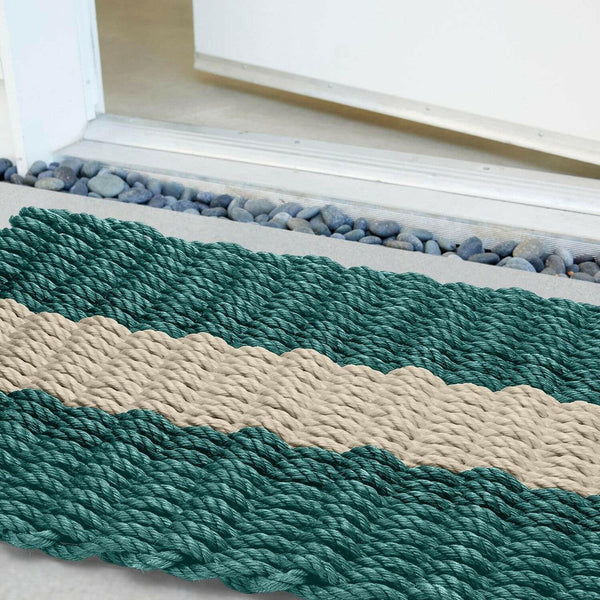 Lobster Rope Doormats, Outdoor Door Mats, Wicked Good Door Mats Made in Maine, Dark Green with Light Tan Stripe, Close Up View in Front Door