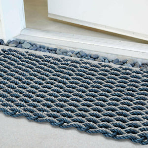 Lobster Rope Doormats, Outdoor Door Mats, Wicked Good Door Mats Made in Maine, Navy & Silver Double Weave, Close Up View in Front Door