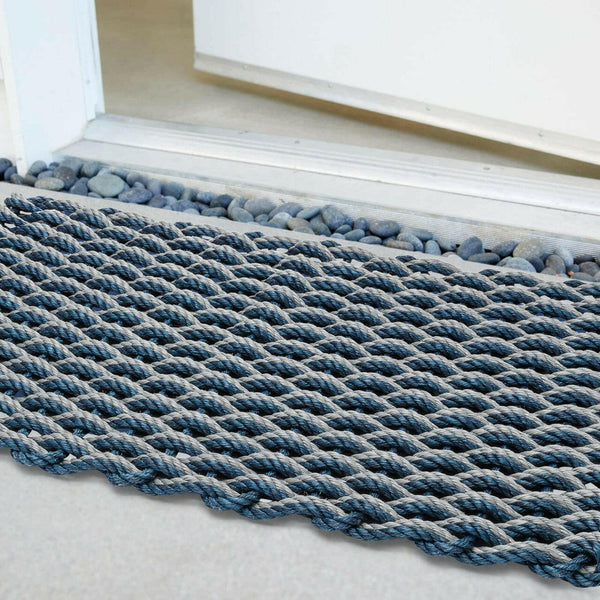 Lobster Rope Doormats, Outdoor Door Mats, Wicked Good Door Mats Made in Maine, Navy & Silver Double Weave, Close Up View in Front Door