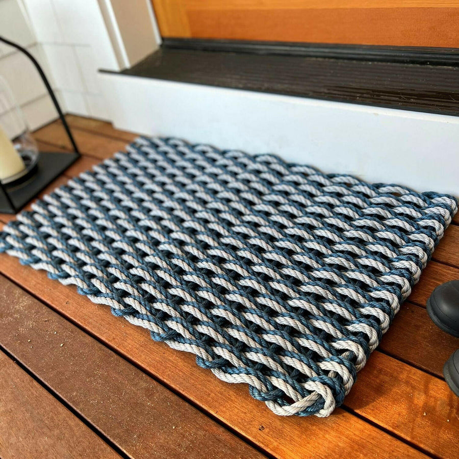Lobster Rope Doormats, Outdoor Door Mats, Wicked Good Door Mats Made in Maine, Navy & Silver Double Weave, Side View in Front Door