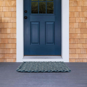 Lobster Rope Doormats, Outdoor Door Mats, Wicked Good Door Mats Made in Maine, Navy & Silver Double Weave, Front Door Entrance, Full View