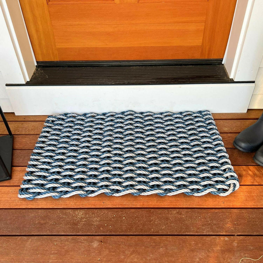 Lobster Rope Doormats, Outdoor Door Mats, Wicked Good Door Mats Made in Maine, Navy & Silver Double Weave, In Front Door Entrance with Shoes and Floor Lamp