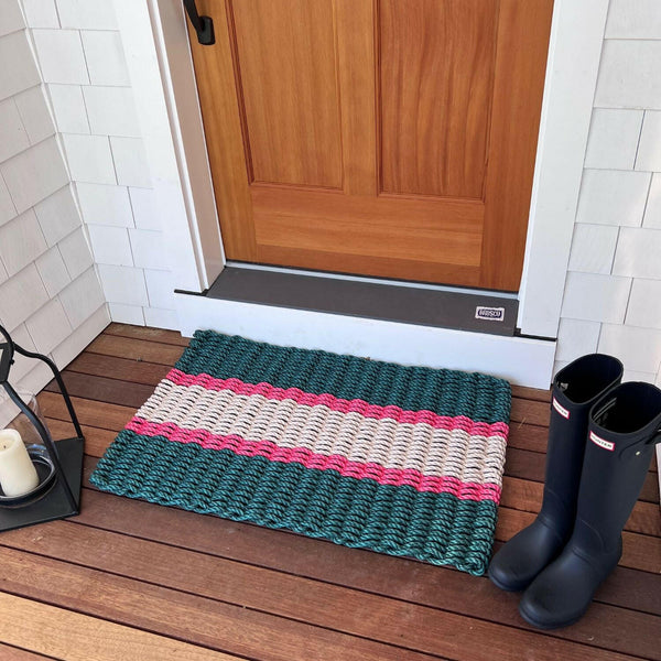 Lobster Rope Doormats, Outdoor Door Mats, Wicked Good Door Mats Made in Maine, Christmas Green & Red, Front Door View with Boots and Floor Lamp