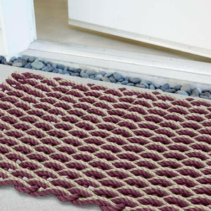 Lobster Rope Doormats, Outdoor Door Mats, Wicked Good Door Mats Made in Maine, Cranberry & Dark Tan Double Weave, Close Up View in Front Door