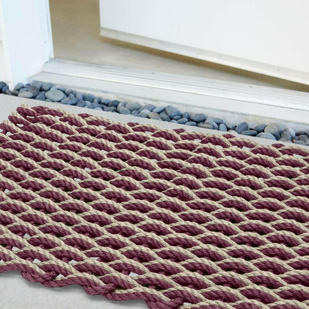 Lobster Rope Doormats, Outdoor Door Mats, Wicked Good Door Mats Made in Maine, Cranberry & Dark Tan Double Weave, Close Up View in Front Door