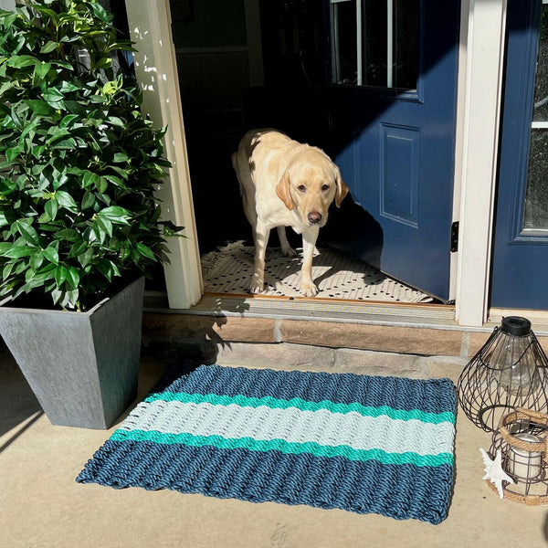 Lobster Rope Doormats, Outdoor Door Mats, Wicked Good Door Mats Made in Maine, Navy, Teal, Seafoam, Front Door, Entryway, Plants, Floor Lamps