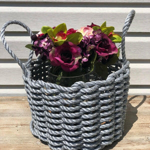 Solid Silver Lobster Rope Basket Planter with Flowers, Coastal Outdoor Decor Basket
