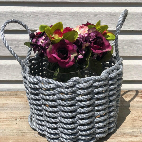 Solid Silver Lobster Rope Basket Planter with Flowers, Coastal Outdoor Decor Basket