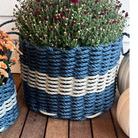 Thumbnail for Lobster Rope Basket, Oversized 18 x 13, Outdoor Planter, Navy with Dark Tan Stripe