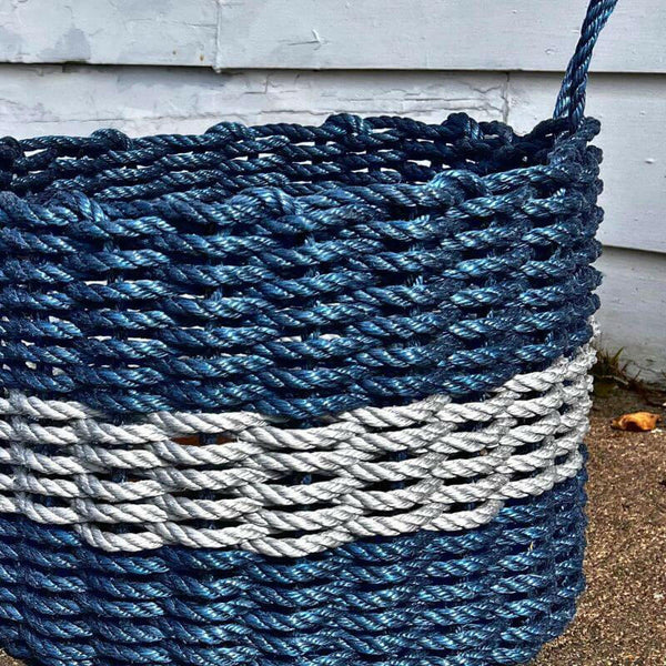 Lobster Rope Basket, Oversized 18 x 13, Navy with Silver Stripe, Close Up View 