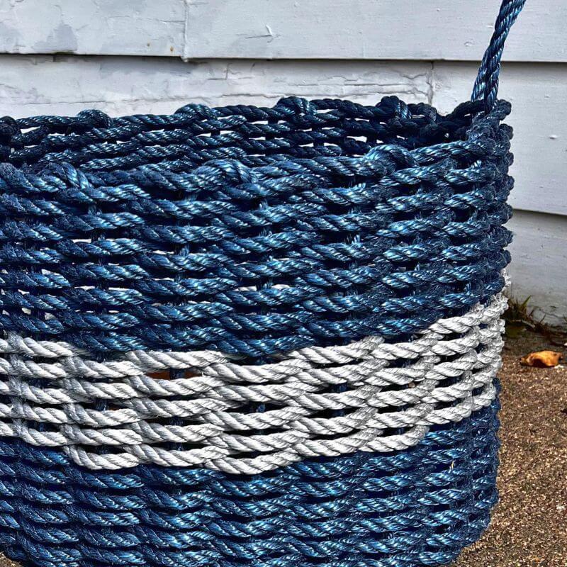 Lobster Rope Basket, Oversized 18 x 13, Navy with Silver Stripe, Close Up View 