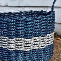 Thumbnail for Lobster Rope Basket, Oversized 18 x 13, Navy with Silver Stripe, Close Up View 