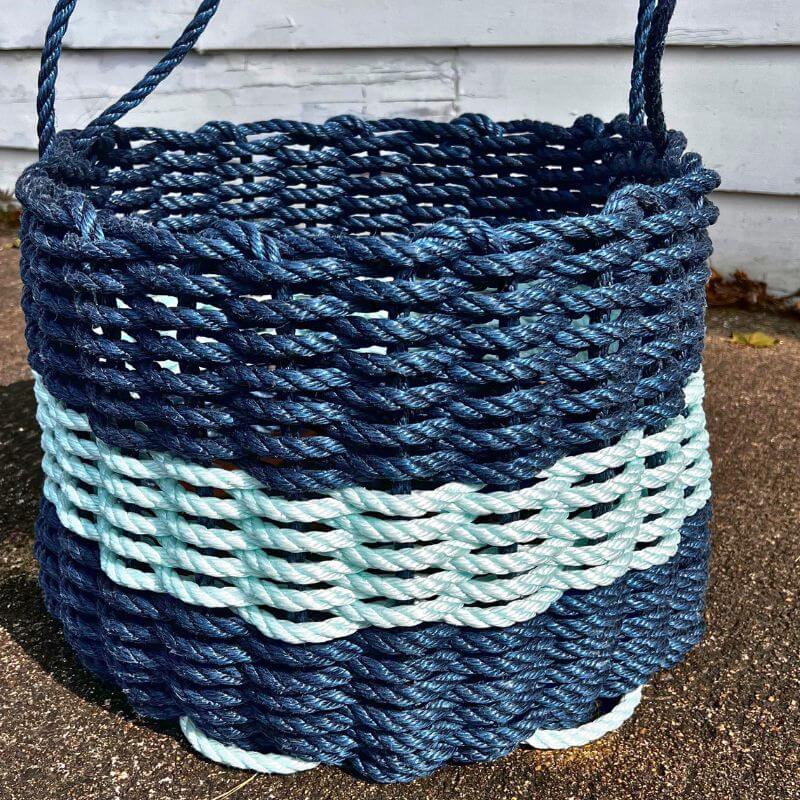 Oversized Lobster Rope Basket, 18 x 13, Navy with Seafoam Stripe