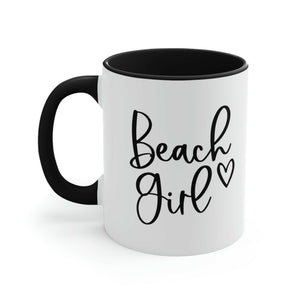 Black Beach Girl Ceramic Coffee Mug With White Body and Black Script Lettering, Coastal Drinkware
