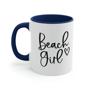 Navy Beach Girl Ceramic Coffee Mug With White Body and Black Script Lettering, Coastal Drinkware