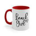 Red Beach Girl Ceramic Coffee Mug With White Body and Black Script Lettering, Coastal Drinkware